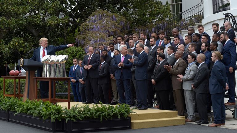 President Donald Trump speaks during a ceremony on the South Lawn of the White House in Washington, Wednesday, April 19, 2017, where the president honored the Super Bowl Champion New England Patriots for their Super Bowl LI victory. (AP Photo/Susan Walsh)