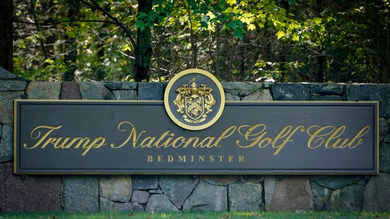 This photo from Friday Oct. 2, 2020, shows a sign at the entrance to Trump National Golf Club in Bedminster, N.J.  