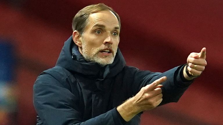 PSG's head coach Thomas Tuchel signals during a Group H Champions League soccer match between Manchester United and Paris Saint Germain at the Old Trafford stadium in Manchester, England, Wednesday, Dec. 2, 2020. (AP Photo/Dave Thompson)
