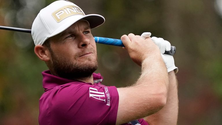 Tyrrell Hatton, of England, during a practice round for the Masters golf tournament Tuesday, Nov. 10, 2020, in Augusta, Ga. (AP Photo/Charlie Riedel) 