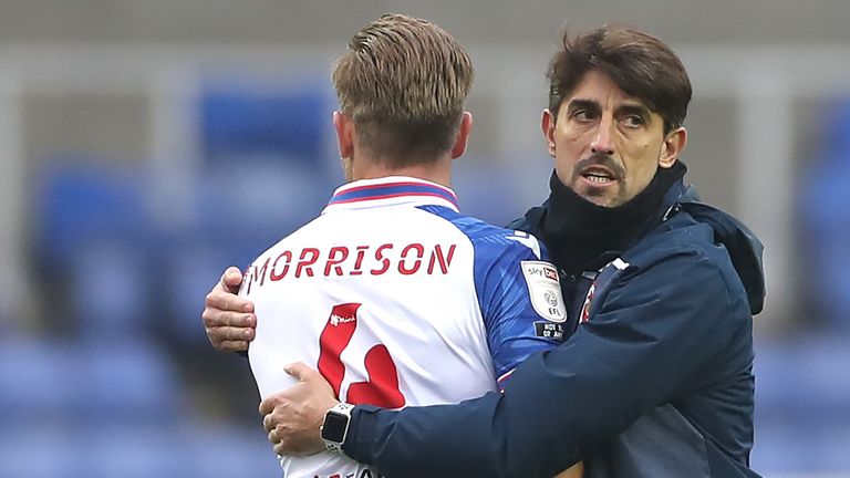 Reading manager Veljko Paunovic embraces Michael Morrison after the Sky Bet Championship match against Bristol City at the Madejski Stadium, Reading.