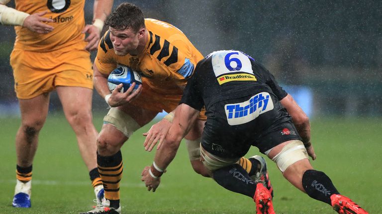 Exeter Chiefs v Wasps - Gallagher Premiership Play-Off Final - Twickenham
Wasps' Will Rowlands (left) is tackled by Exeter Chiefs' Dave Ewers during the Gallagher Premiership Play-Off Final at Twickenham, London.