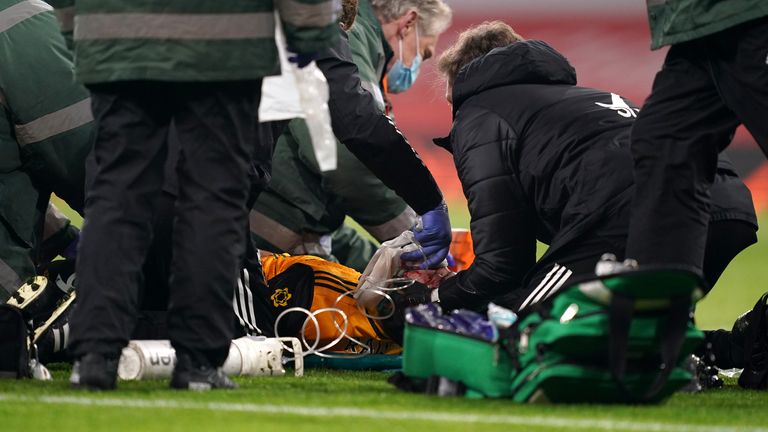 Wolves' Raul Jimenez was given treatment at the Emirates Stadium in November after suffering a head injury