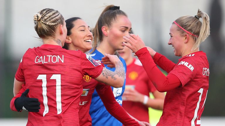 Man Utd Women celebrate a goal against Everton in WSL