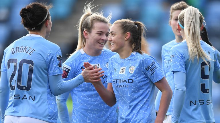 Man City Women celebrate a goal vs West Ham