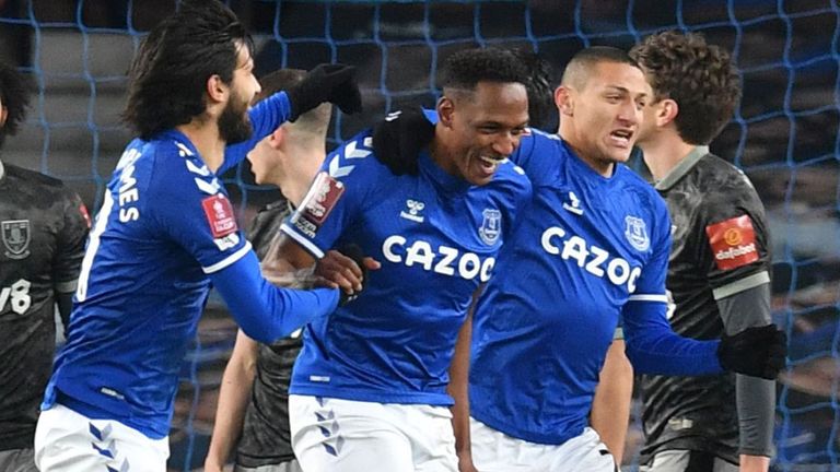 Yerry Mina celebrates after scoring Everton's third goal against Sheffield Wednesday