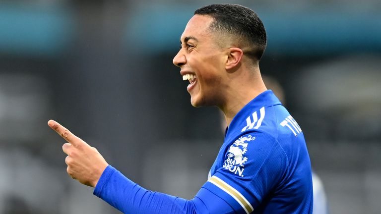 Youri Tielemans celebrates after scoring his side's second goal - AP