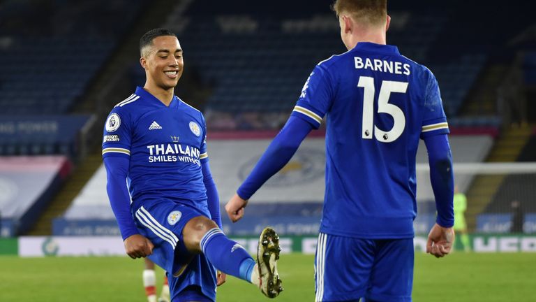 Youri Tielemans celebrates Barnes' late strike after his second assist