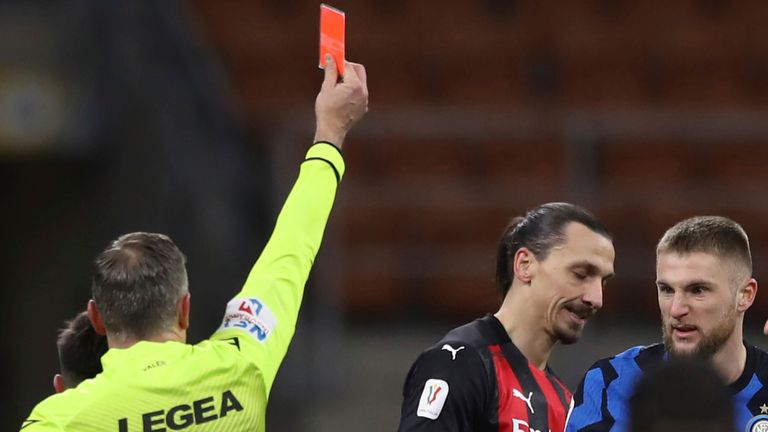 Zlatan Ibrahimovic was sent off during the second half of AC Milan&#39;s defeat to Inter (AP Image)