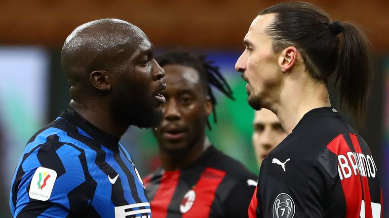 Romelu Lukaku and Zlatan Ibrahimovic square up to each other during the Milan derby