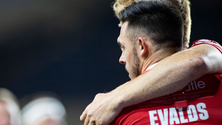 Picture by Isabel Pearce/SWpix.com - 03/09/2020 - Rugby League - Betfred Super League - Salford Red Devils v Castleford Tigers - Emerald Headingley Stadium, Leeds, England - Niall Evalds of Salford celebrates his try.