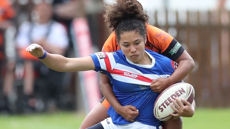 Picture by Ash Allen/SWpix.com - 07/07/2019 - Rugby League - Coral Women's Challenge Cup Semi Final - Wakefield Trinity v Castleford Tigers - The Mobile Rocket Stadium, Wakefield, England - Tara Moxon of Wakefield Trinity is tackled.