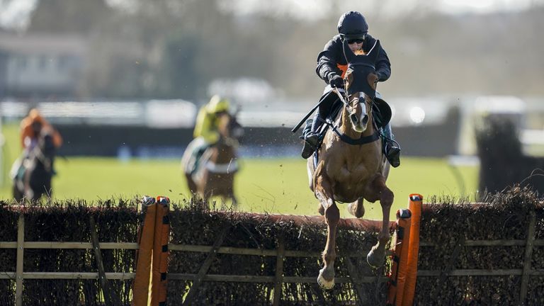 Cabot Cliffs ridden by Harry Skelton clear the last to win The South West Syndicate Juvenile Hurdle at Warwick Racecourse. Picture date: Friday February 26, 2021.