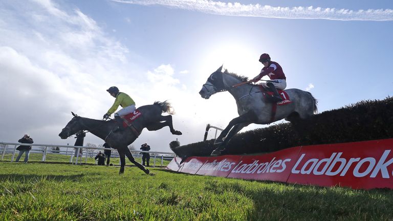 Coko Beach ridden by Jack Kennedy (right) jumps the last on the way to winning the Ladbrokes Watch Racing Online For Free Ten Up Novice Chase at Navan racecourse. Picture date: Sunday February 21, 2021.