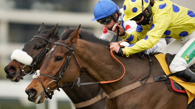 Secret Investor ridden by jockey Bryony Frost (right) clear the last to win The Betfair Denman Chase at Newbury racecourse. Picture date: Sunday February 21, 2021.