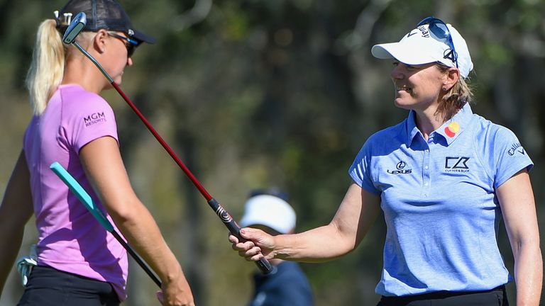 ORLANDO, FL - FEBRUARY 25: Annika Sorenstam (SWE) waves to a cheering gallery after sinking her putt on 8 during the LPGA Gainbridge Championship Rd1 at Lake Nona Golf Club, on February 24, 2021, in Orlando, FL. (Photo by Ken Murray/Icon Sportswire)