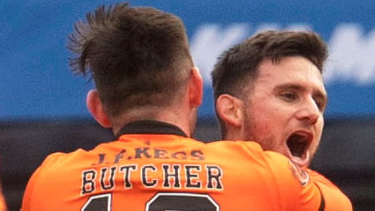 KILMARNOCK, SCOTLAND - FEBRUARY 27: Dundee United's Adrian Sporle celebrates making it 0-1 during the Scottish Premiership match between Kilmarnock and Dundee United at the BBSP Stadium at Rugby Park on February 27, 2021, in Kilmarnock, Scotland. (Photo by Craig Foy / SNS Group)