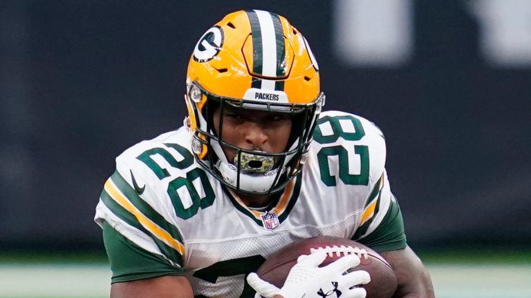 Green Bay Packers running back AJ Dillon in action against the Houston Texans (AP Photo/Sam Craft)