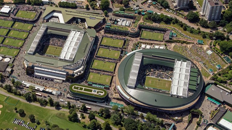 An aerial view of All England Tennis Club, bottom left, during day seven of the Wimbledon Tennis Championships in London, Monday, July 8, 2019. (Thomas Lovelock, AELTC via AP)
