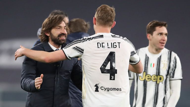 Andrea Pirlo embraces Matthijs De Ligt following Juventus' 0-0 draw with Inter