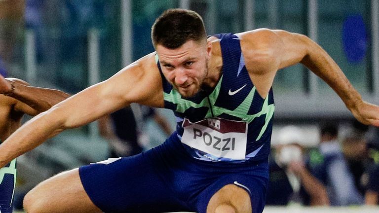 Britain's Andrew Pozzi in action on the World Indoor Tour in Italy 