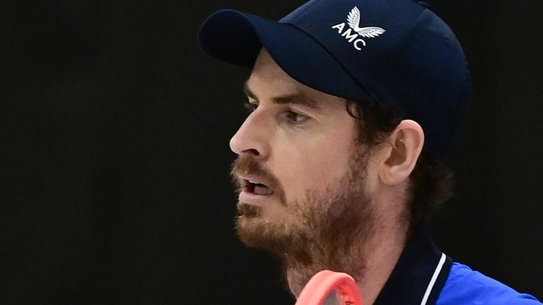 Scotlands Andy Murray reacts after defeating Germanys Maximilian Marterer during their first round tennis match at the ATP Challenger tournament in Biella, Piedmont, on February 9, 2021.