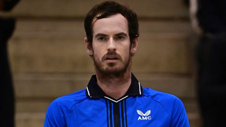 Scotlands Andy Murray looks on during a break in the first round tennis match against Germanys Maximilian Marterer at the ATP Challenger tournament in Biella, Piedmont, on February 9, 2021. - Andy Murray makes his return to competition for the first time in four months, after withdrawing from the Australian Open due to coronavirus.