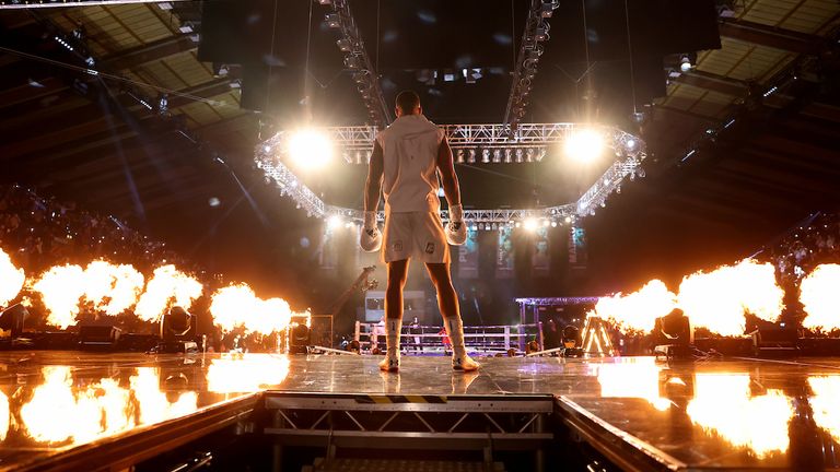HANDOUT PICTURE COMPLIMENTS OF MATCHROOM BOXING.Anthony Joshua vs Kubrat Pulev, IBF, WBA, WBO & IBO World Title..12 December 2020.Picture By Mark Robinson.Anthony Joshua ring walk. 