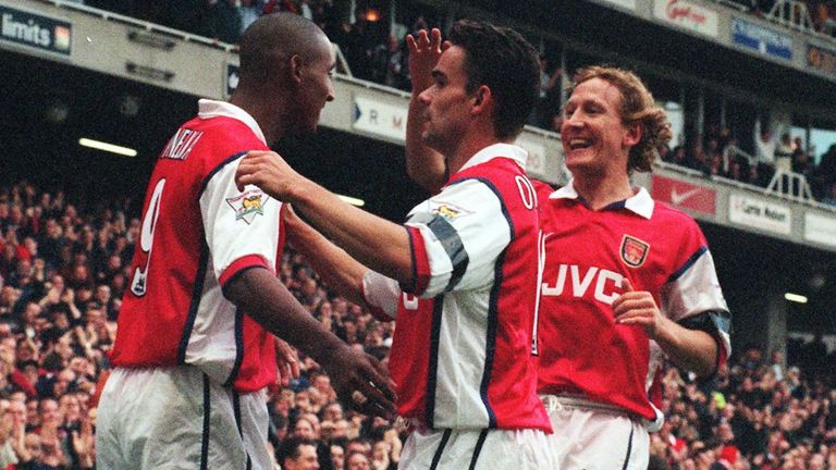 Anelka celebrates with Marc Overmars and Ray Parlour