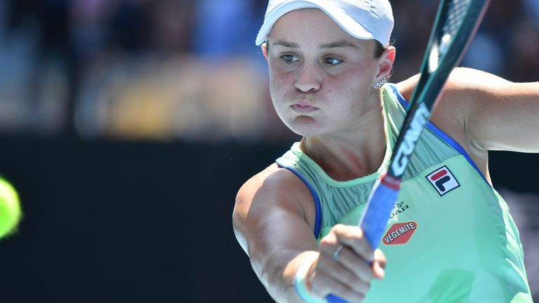 ASHLEIGH BARTY (AUS) in action against 14th seed SOFIA KENIN (USA) on Rod Laver Arena in a Women's Singles Semifinal match on day 11 of the Australian Open 2020 in Melbourne, Australia.