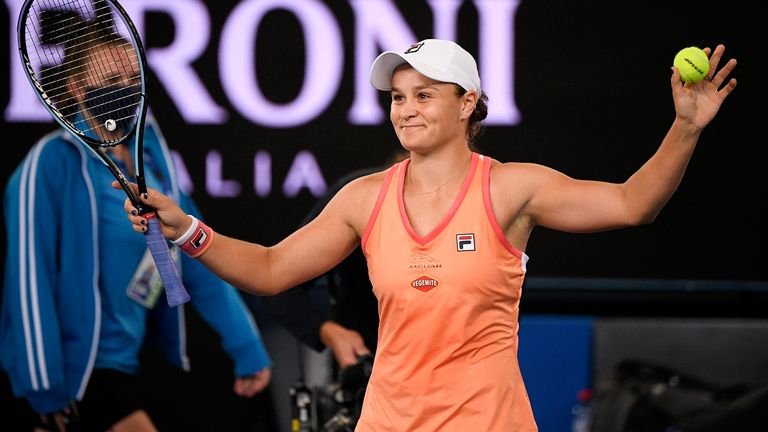 Australia's Ashleigh Barty celebrates after defeating Spain's Garbine Muguruza in the final of the Yarra River Classic in Melbourne, Australia, Sunday, Feb. 7, 2021.(AP Photo/Andy Brownbill)