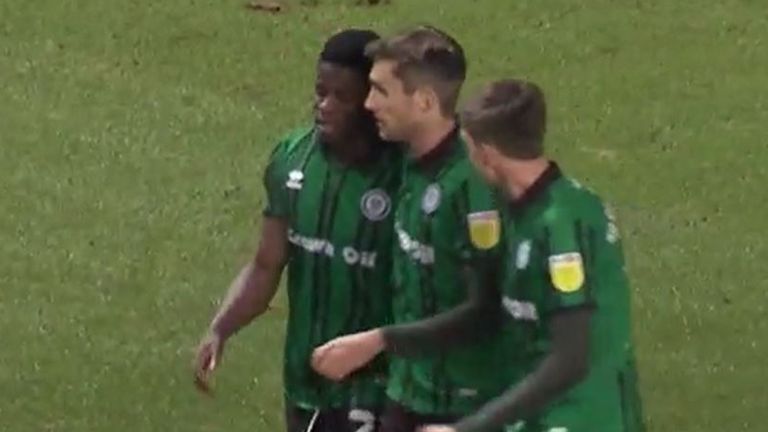 Rochdale&#39;s Kwadwo Baah celebrates his second goal against Charlton.