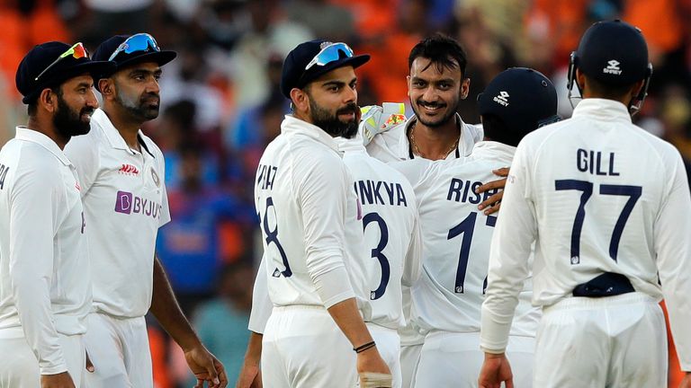 BCCI - India  team celebrates the wicket during day one of the third PayTM test match between India and England held at the Motera Stadium , Ahmedabad, Gujarat, India on the 24th February 2021..Photo by Saikat Das / Sportzpics for BCCI