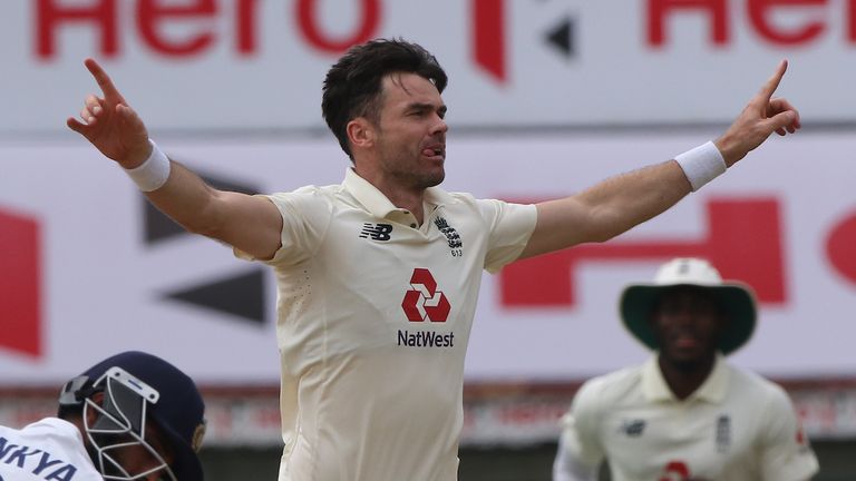 BCCI - James Anderson of England celebrates the wicket of Ajinkya Rahane (Vice captain) of India during day five of the first test match between India and England held at the Chidambaram Stadium in Chennai, Tamil Nadu, India on the 9th February 2021..Photo by Pankaj Nangia/ Sportzpics for BCCI