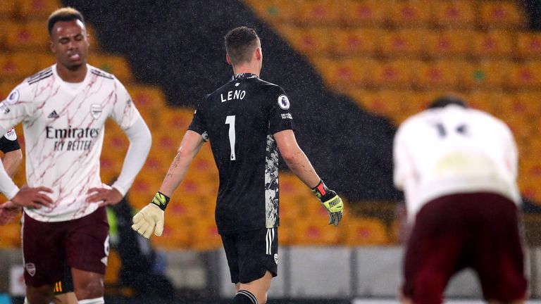 Bernd Leno leaves the pitch after being sent off
