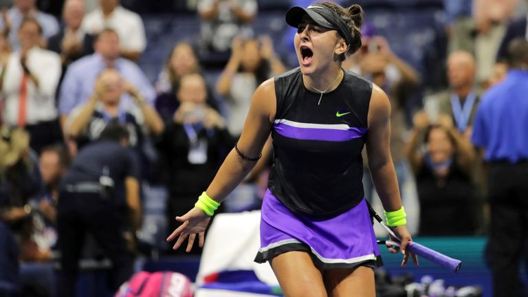 Bianca Andreescu, of Canada, reacts after defeating Belinda Bencic, of Switzerland, during the semifinals of the U.S. Open tennis championships Thursday, Sept. 5, 2019, in New York. (AP Photo/Charles Krupa) 