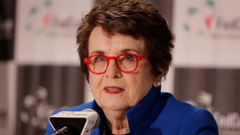 Tennis great Billie Jean King speaks to the media before the first-round Fed Cup tennis matches between the United States and Australia in Asheville, N.C., Saturday, Feb. 9, 2019. (AP Photo/Chuck Burton)