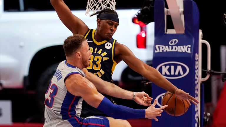 Detroit Pistons forward Blake Griffin loses control of the ball as Indiana Pacers center Myles Turner defends