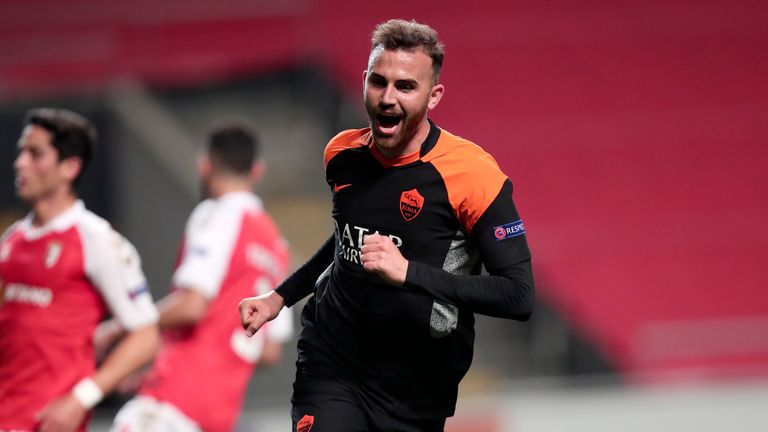 Roma's Borja Mayoral celebrates after scoring his side's second goal