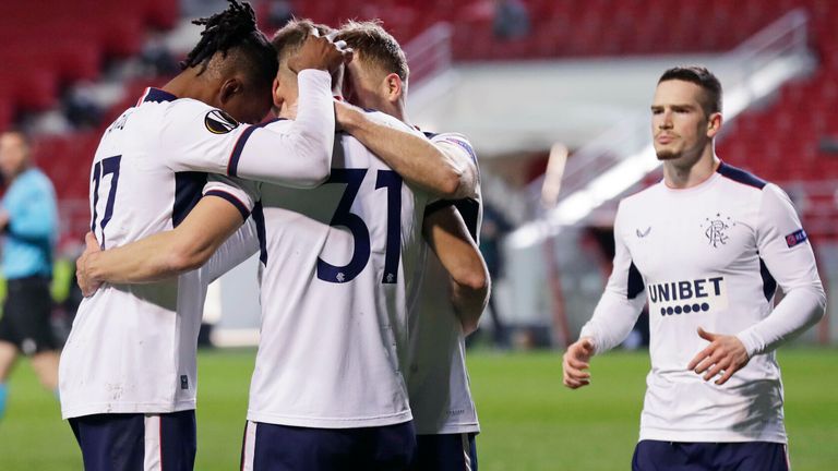 Rangers' Borna Barisic celebrates his equalising penalty with team-mates