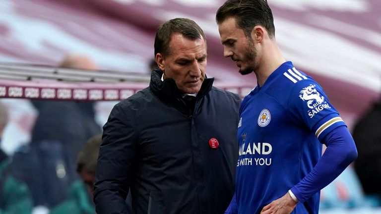 Brendan Rodgers watches as James Maddison walks off the pitch after suffering an injury
