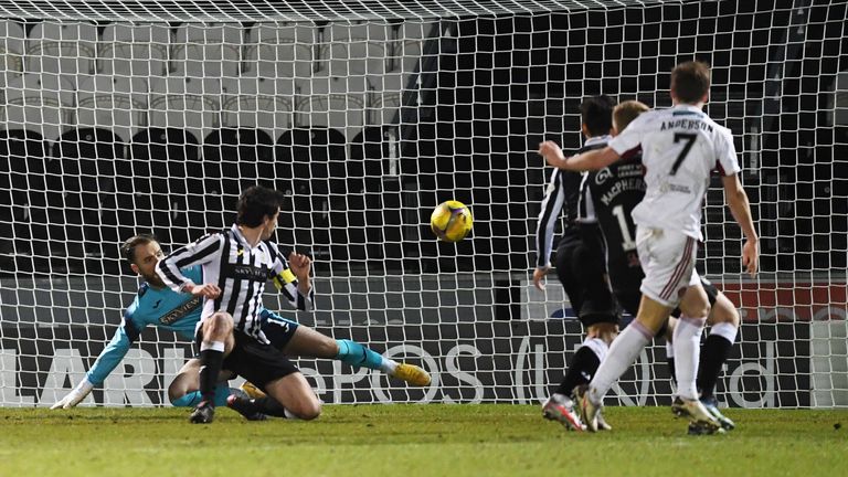 St Mirren goalkeeper Jak Alnwick watches on as Bruce Anderson's deflected shot goes over the line during a Scottish Premiership match between St Mirren and Hamilton