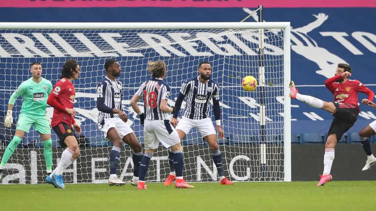 Bruno Fernandes smashes home the equaliser against West Brom