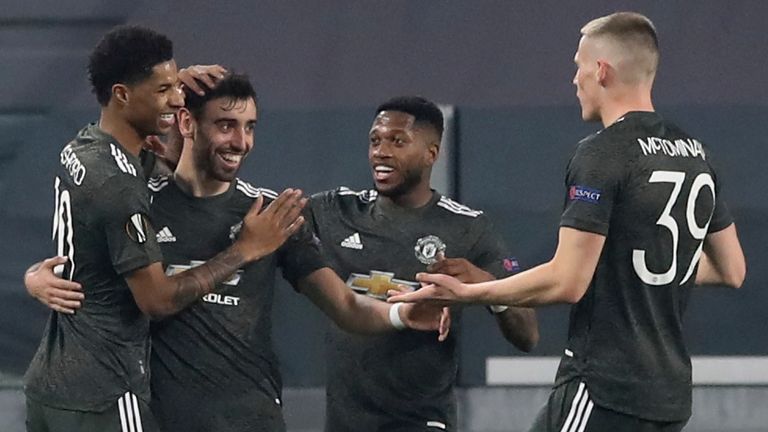 Bruno Fernandes celebrates scoring for Manchester United against Real Sociedad