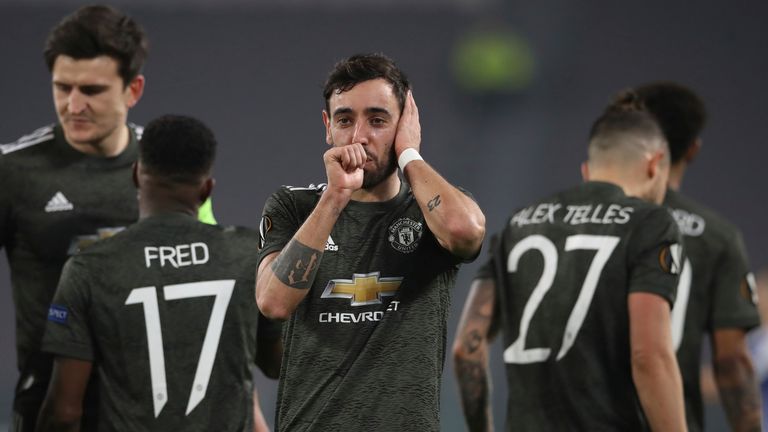 Bruno Fernandes celebrates scoring against Real Sociedad for Manchester United