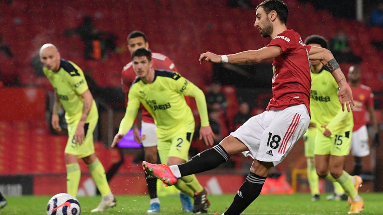 Bruno Fernandes scores Manchester United's third goal from the penalty spot