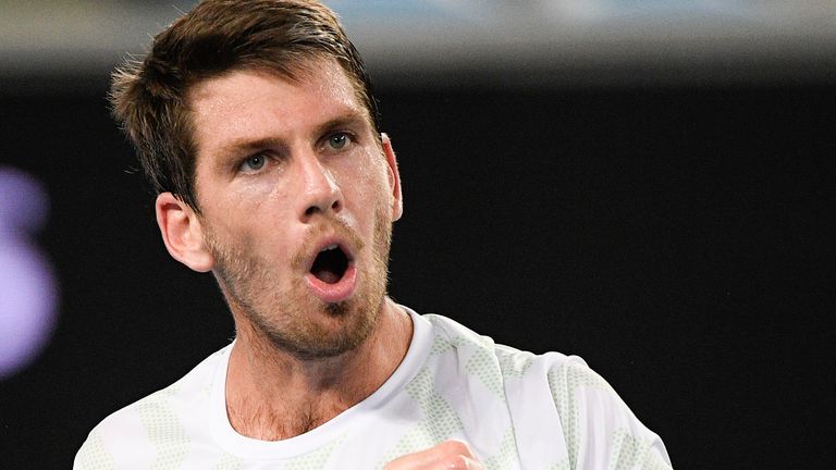 Britain's Cameron Norrie reacts during his second round match against Russia's Roman Safiullin at the Australian Open tennis championship in Melbourne, Australia, Thursday, Feb. 11, 2021.(AP Photo/Andy Brownbill)