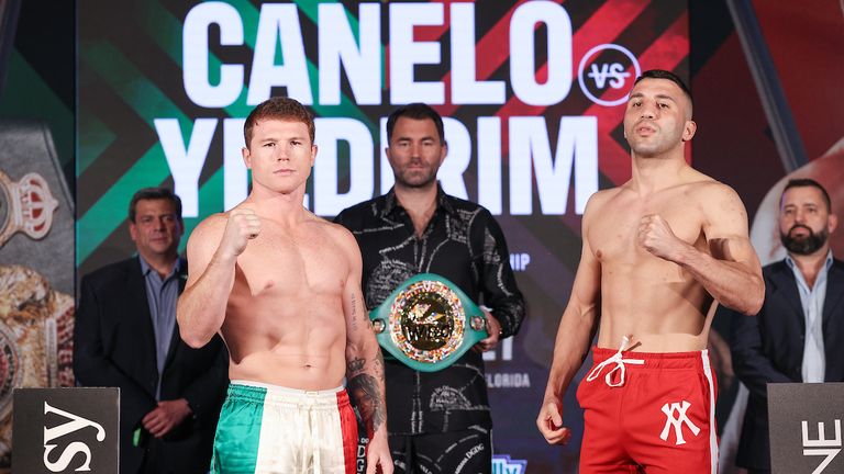 February 26, 2021; Miami, Florida; Saul Alvarez and Avni Yildirim pose after weighing in for their upcoming bout. The two will meet on the February 27, 2021 Matchroom card at the Hard Rock Stadium in Miami Gardens, FL. Mandatory Credit: Melina Pizano/Matchroom.