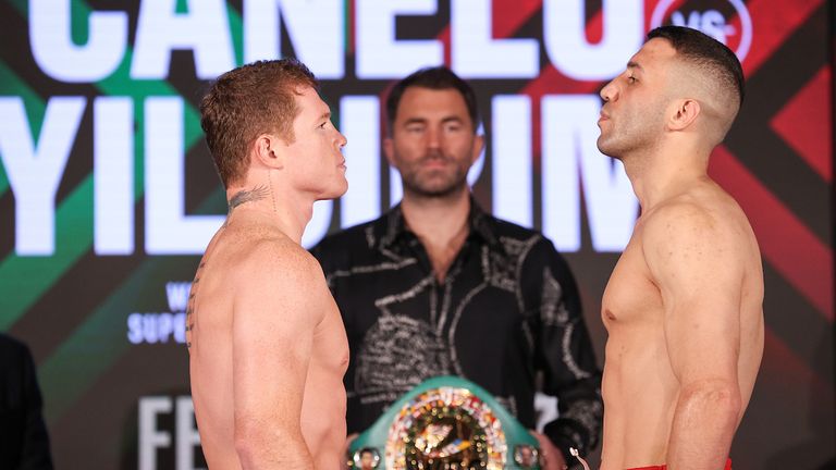 February 26, 2021; Miami, Florida; Saul Alvarez and Avni Yildirim pose after weighing in for their upcoming bout. The two will meet on the February 27, 2021 Matchroom card at the Hard Rock Stadium in Miami Gardens, FL. Mandatory Credit: Melina Pizano/Matchroom.
