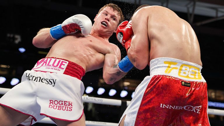 February 27, 2021; Miami, Florida; Saul Alvarez and Avni Yildirim during their WBA, WBC and Ring Magazine super middleweight championship bout at the Hard Rock Stadium in Miami, FL.  Mandatory Credit: Ed Mulholland/Matchroom.